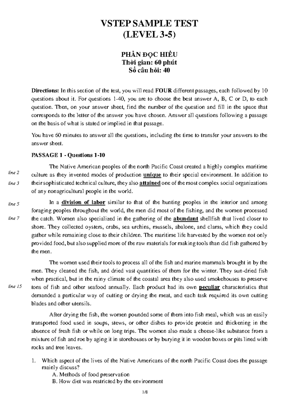 VSTEP Sample Test (Level 3-5) - Reading and Listening Sections - Studocu