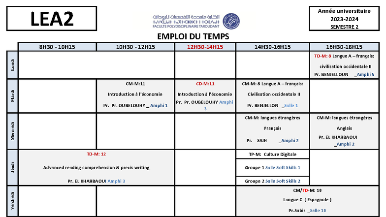 LEA2 S2: Emploi du Temps Semestre 2 2024 - Studocu