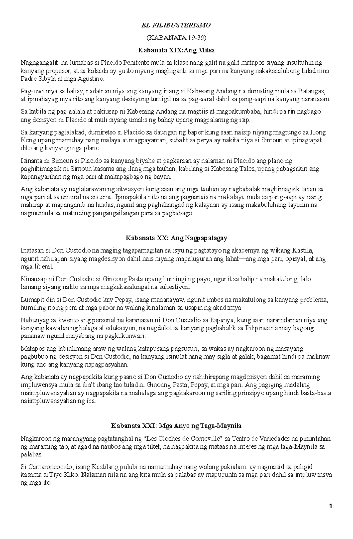 Kabanata 19-39: Buod ng El Filibusterismo (KABANATA) - Document Preview