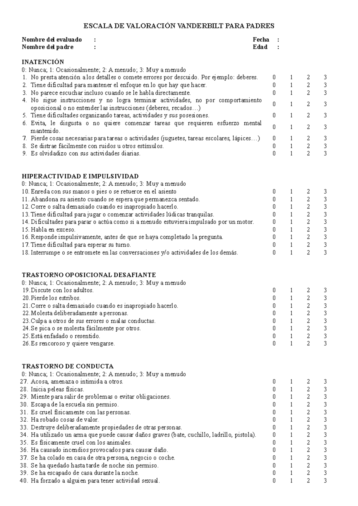 Escala DE Valoración Vanderbilt PARA Padres - ESCALA DE VALORACIÓN ...