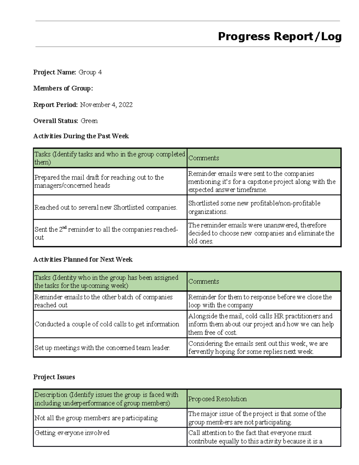 Group 4 Project Log #3: Progress Report & Next Steps Plan - Studocu