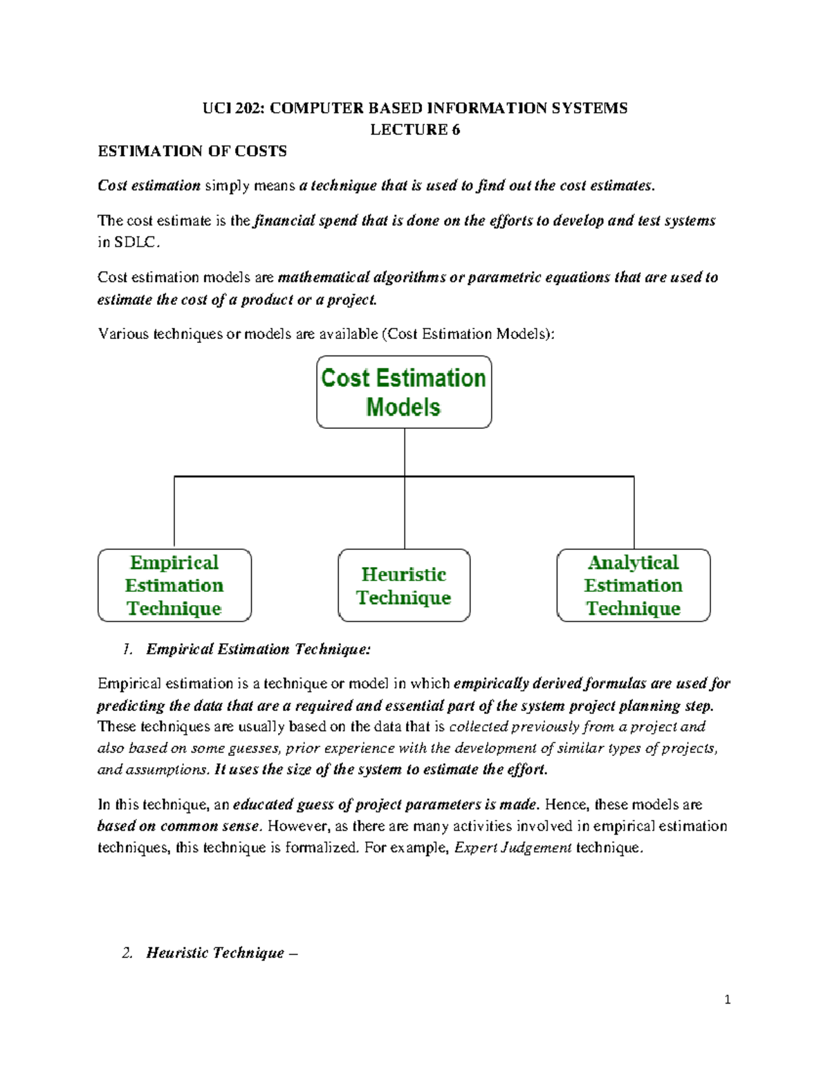 UCI 202: Lecture 6 - Cost Estimation Techniques in CBIS - Studocu