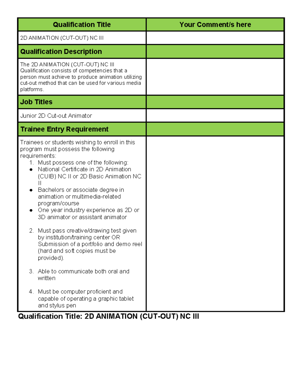 2D Animation (CUT-OUT) NC III Qualification Standards Overview - Studocu
