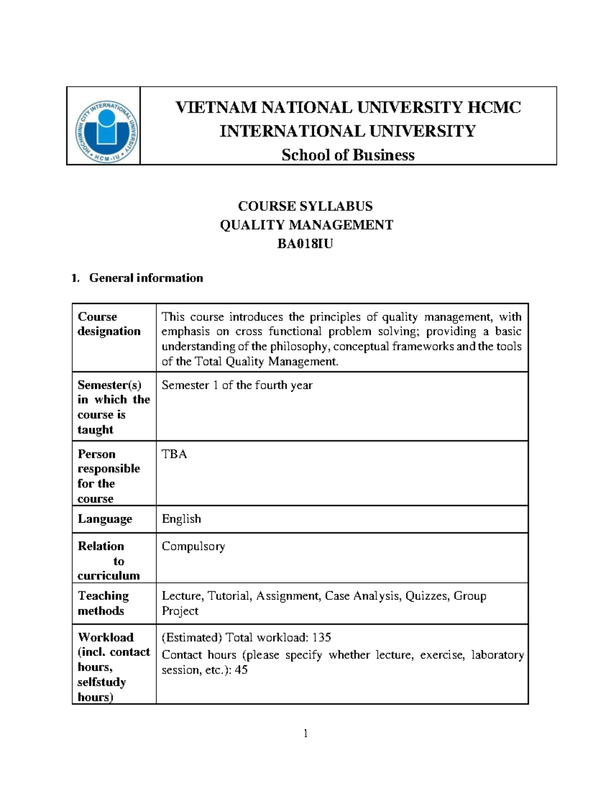 BA018IU - Quality Management Course Syllabus Overview - Studocu