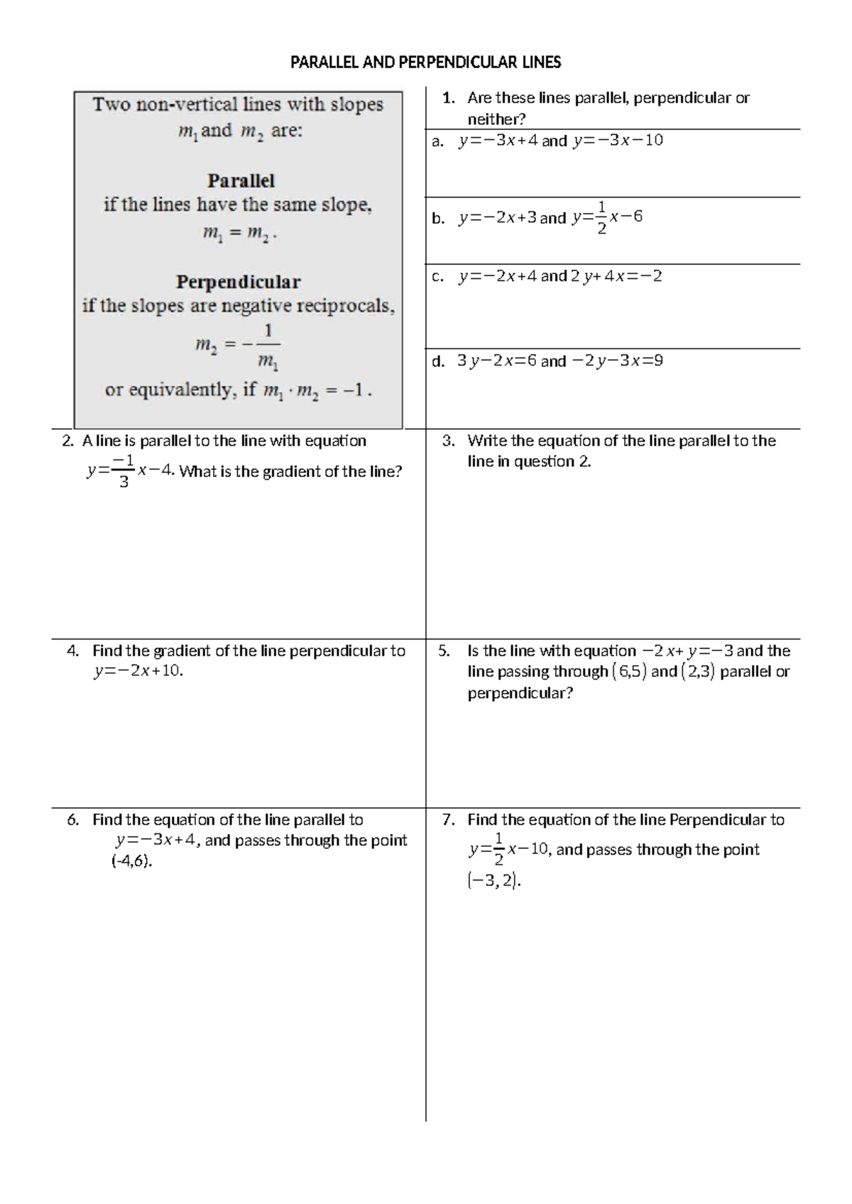 Parallel and Perpendicular Lines: Concepts and Equations - Studocu