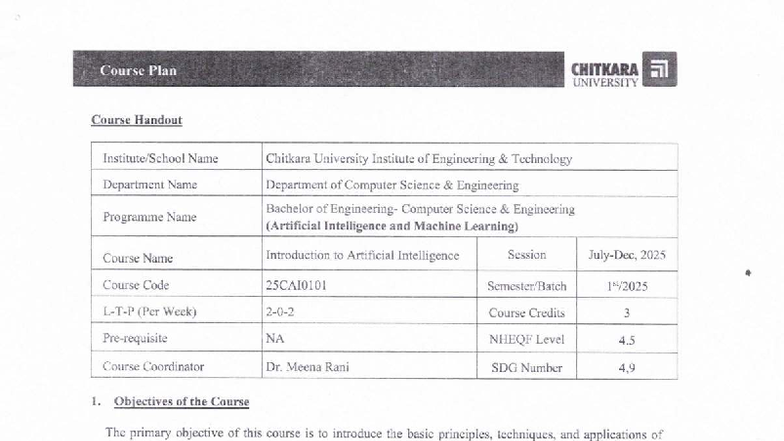 Course Plan for Introduction to Artificial Intelligence (25CAI0101 ...