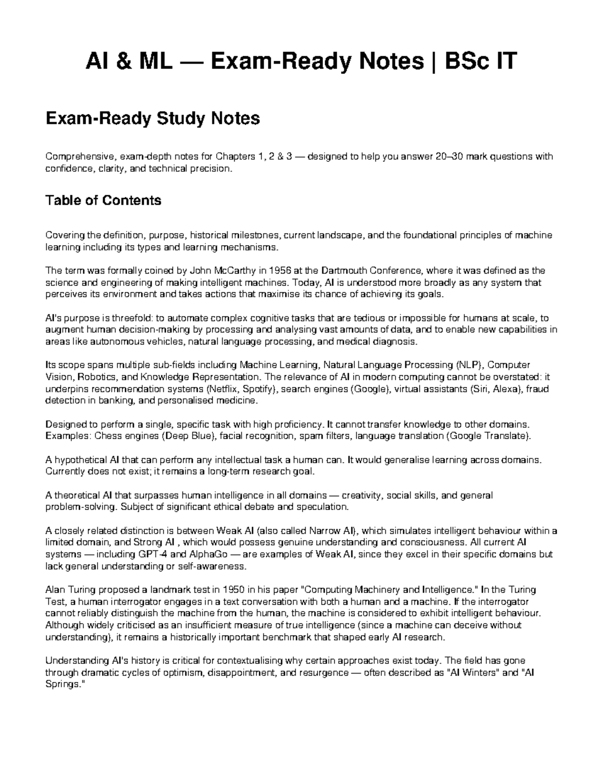 AI & ML — Exam-Ready Notes | BSc IT - Studocu