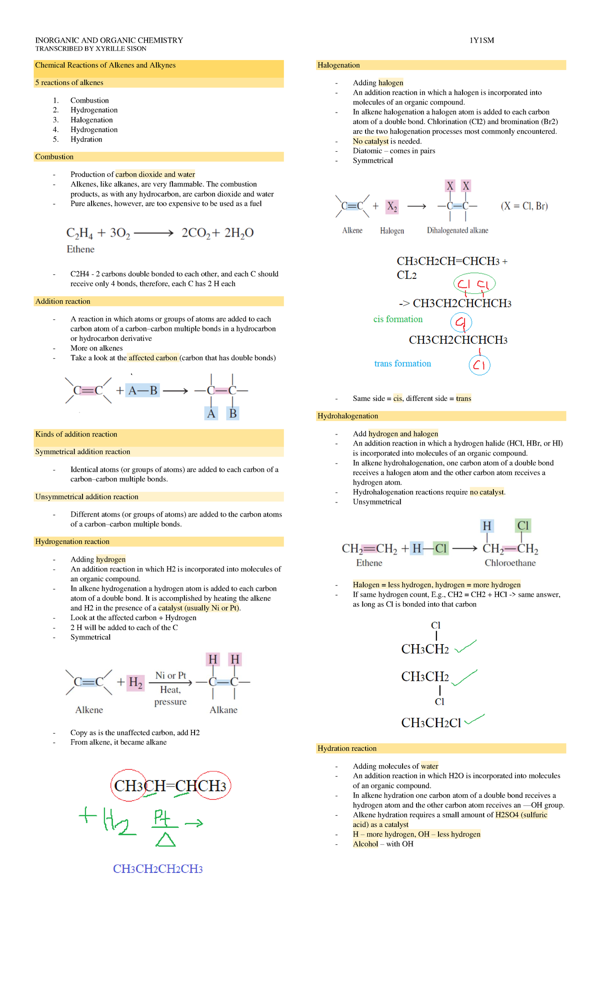CHEM Chemical Reactions of Alkenes and Alkynes - INORGANIC AND ORGANIC ...