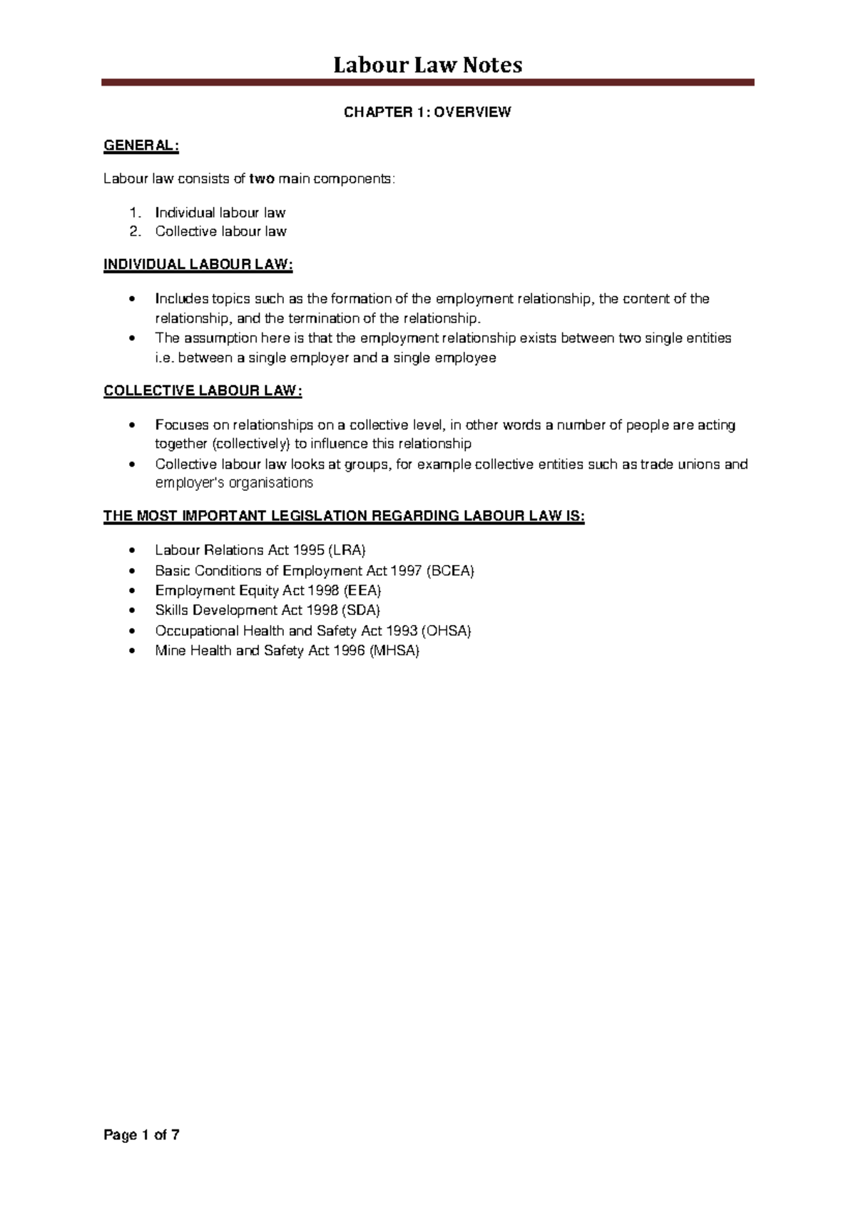 Labour Law Overview: Key Concepts in Chapter 1 Notes - Studocu