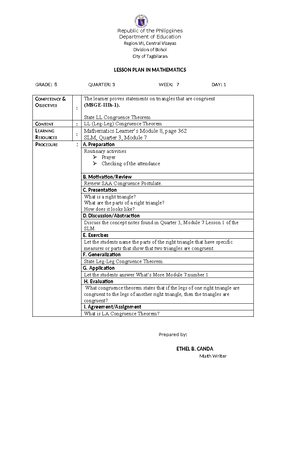 Mathematics Lesson Plan Grade 8 Q3W8: Triangle Congruence ...