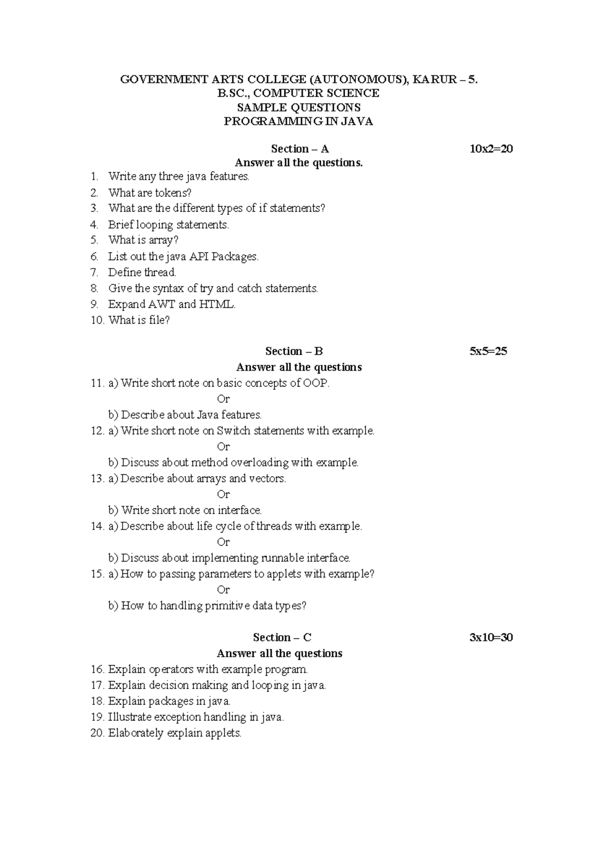 B.SC. Computer Science - Java Sample Questions & Patterns - Studocu