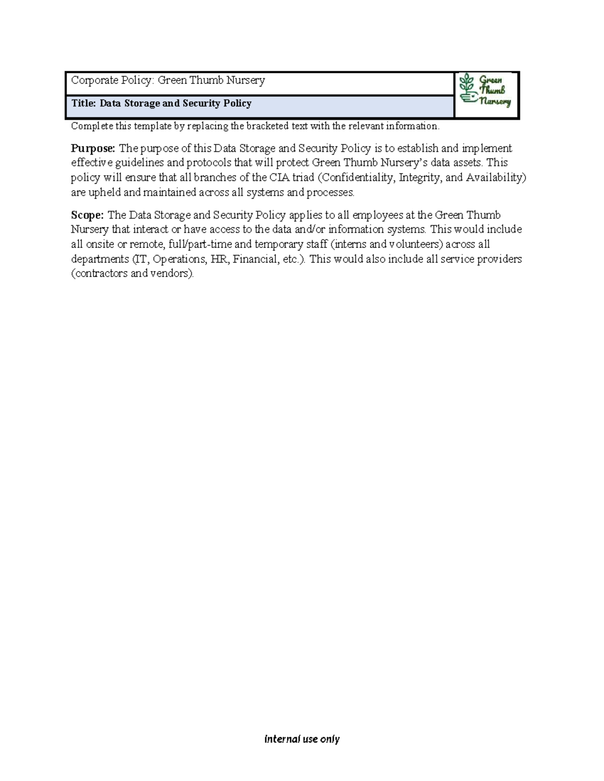 CYB410 Project 2 Milestone 2: Data Storage & Security Policy Template ...