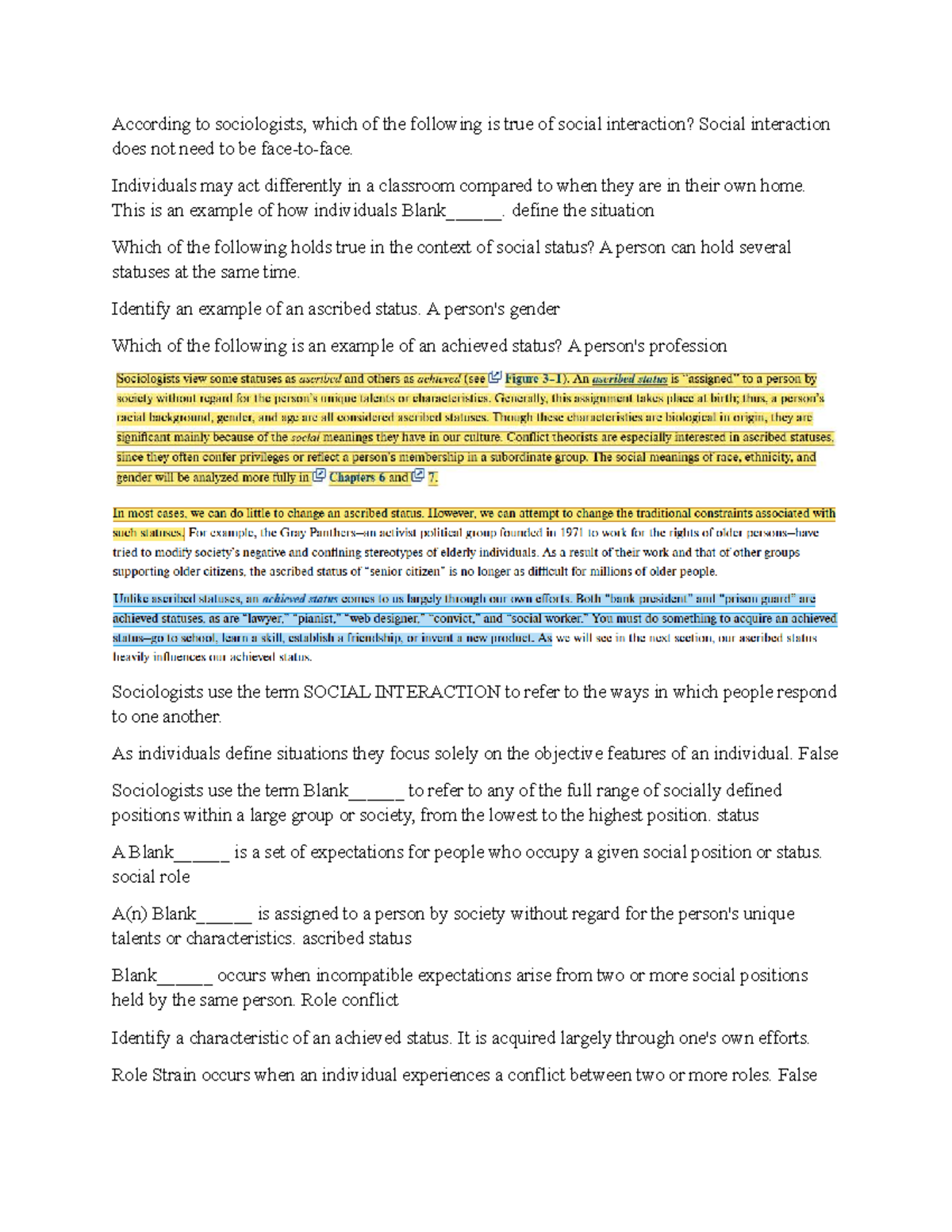 Sociology 3 - Social Interaction and Status Concepts Review - Studocu