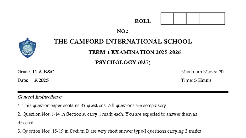 Gr. 11 Term 1 Psychology (037) Exam Question Paper Sample - Studocu