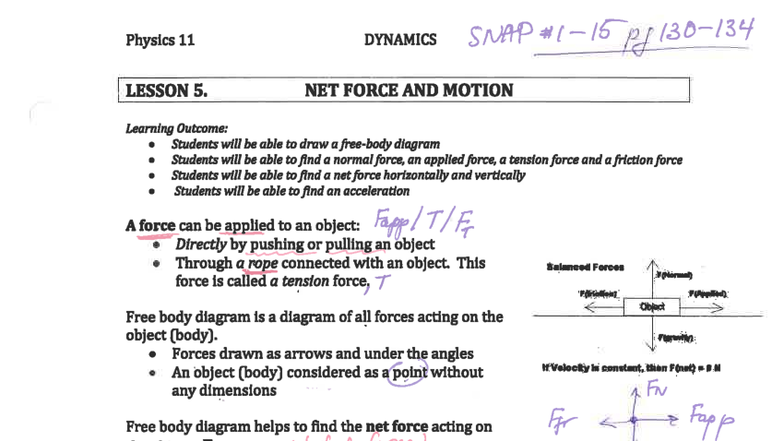 Physics 11 Lesson 5: Net Force and Motion Key Concepts - Studocu