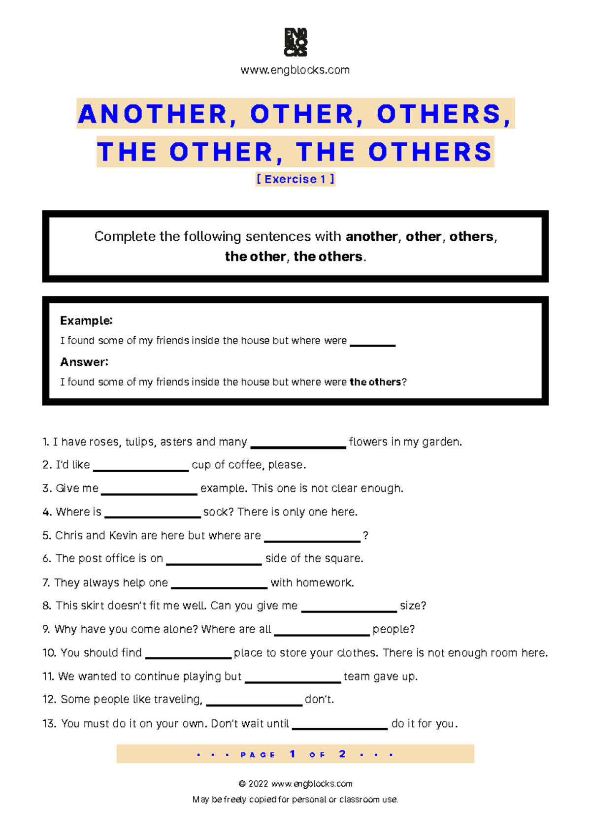 Another, Other, Others: Exercise 1 for Grammar Practice - Studocu