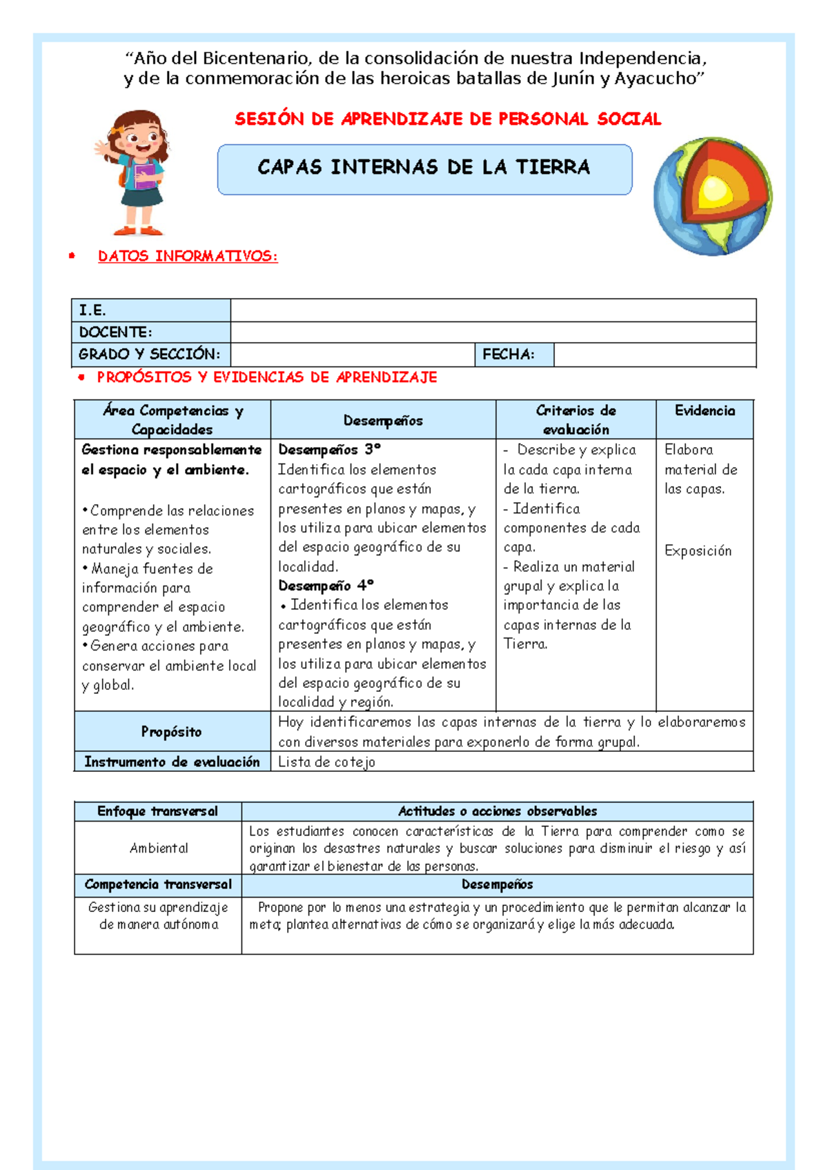 SES 3° y 4°: Capas Internas de la Tierra - Sesión de Aprendizaje - Document Preview
