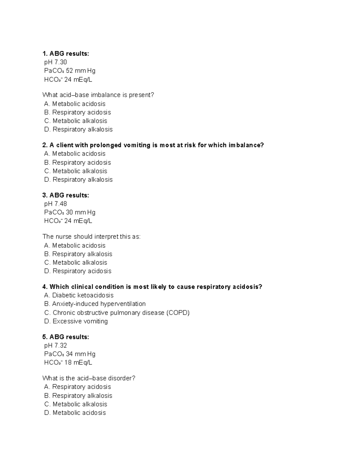 ABG Practice Questions for Nursing - Exam Prep - Studocu