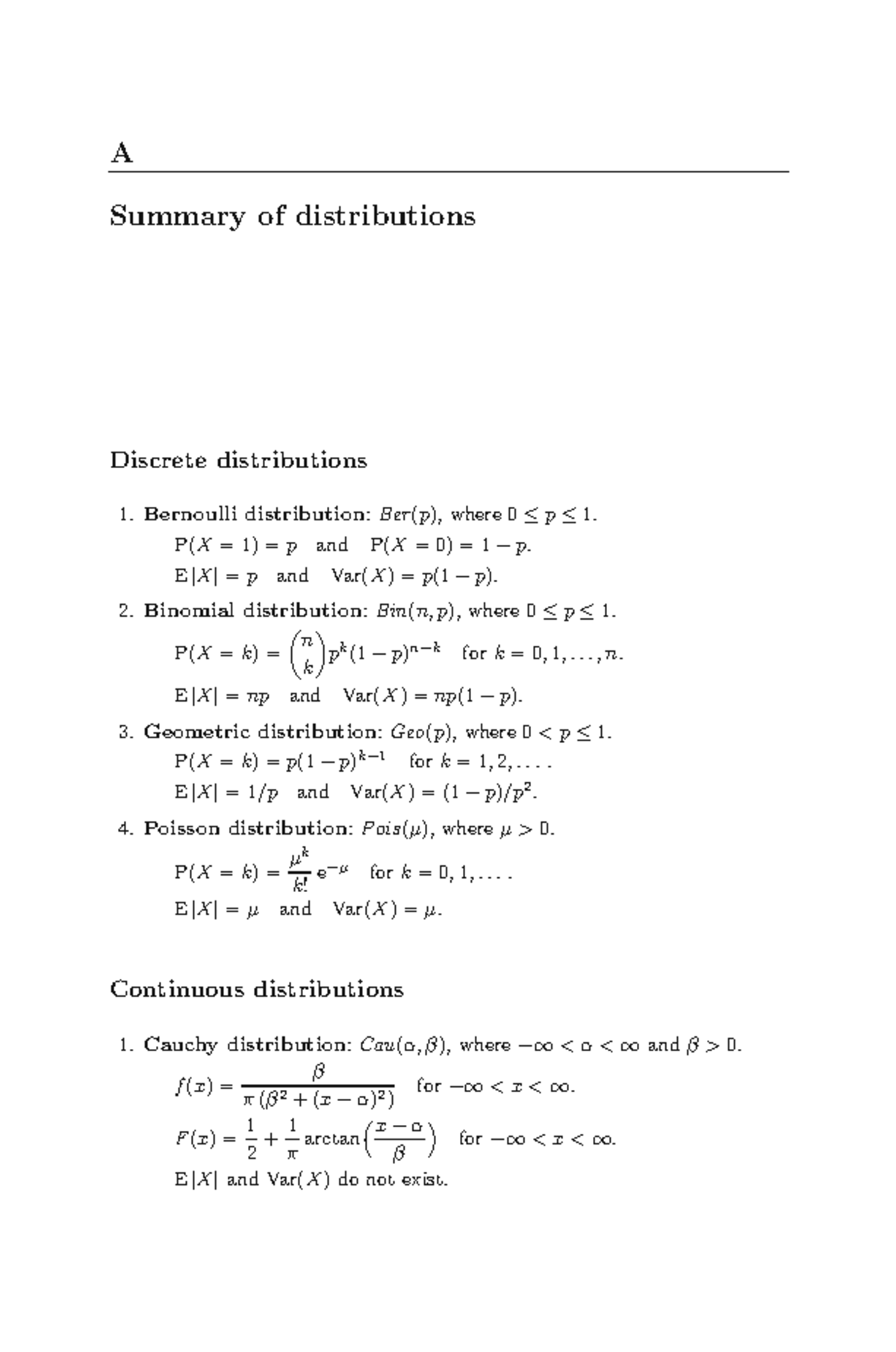 Midterm Formulasheet for Discrete and Continuous Distributions ...