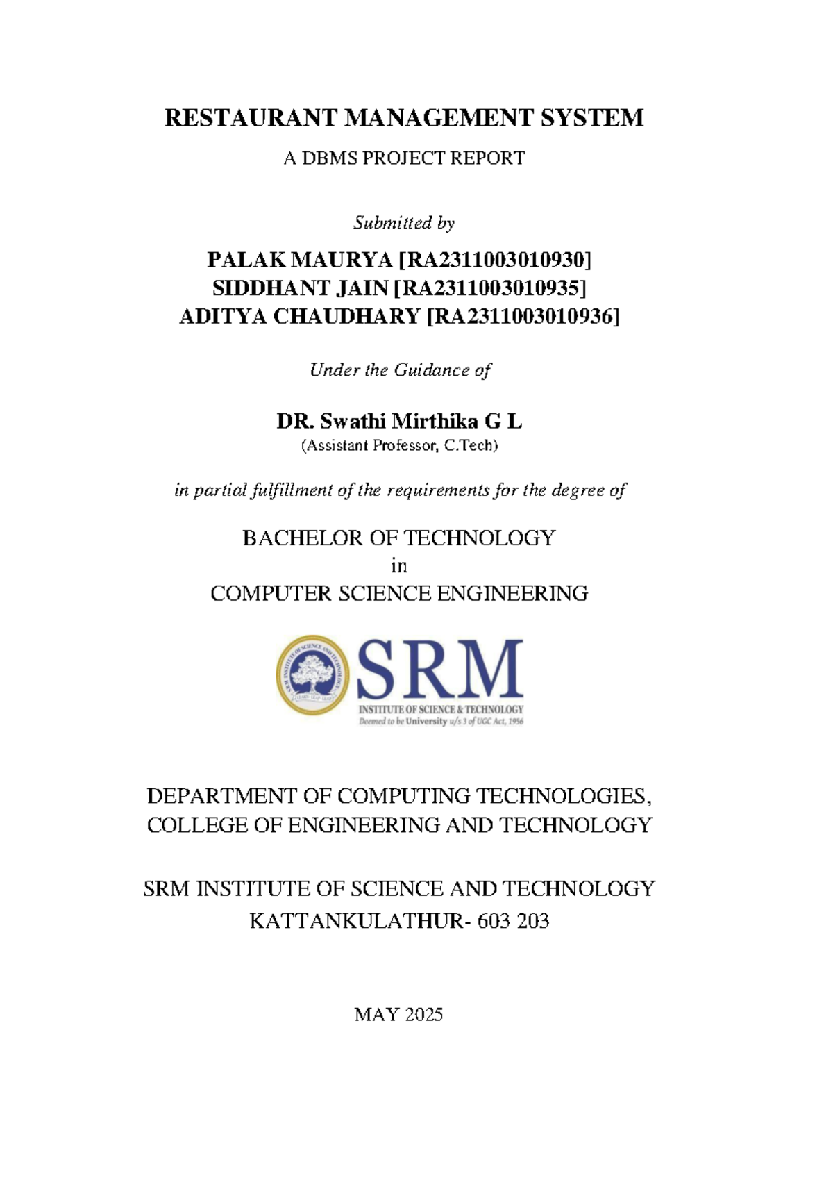 B.Tech CSE Final Project Report: Restaurant Management System DBMS ...