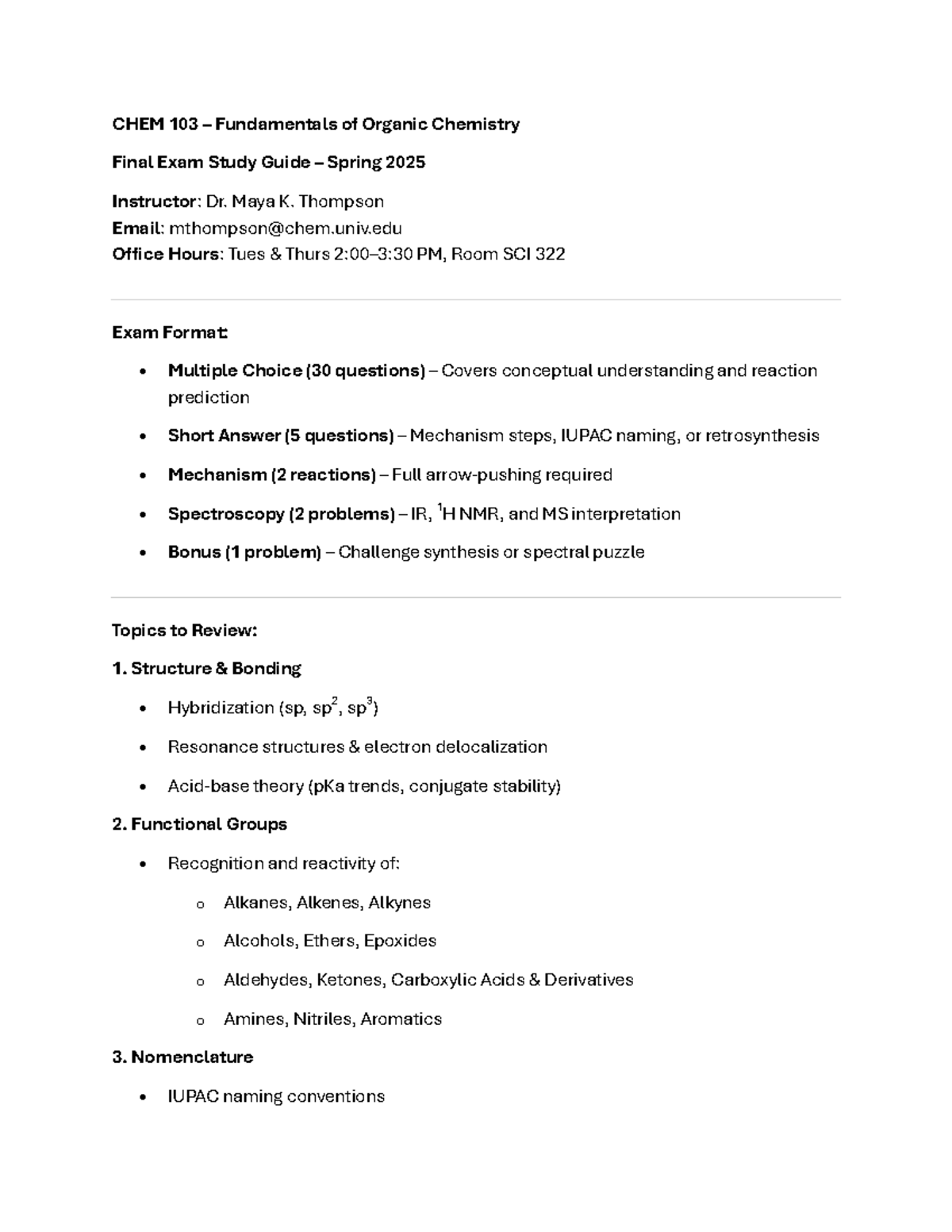 CHEM 103 Organic Chemistry Final Exam Study Guide Spring 2025 - Studocu