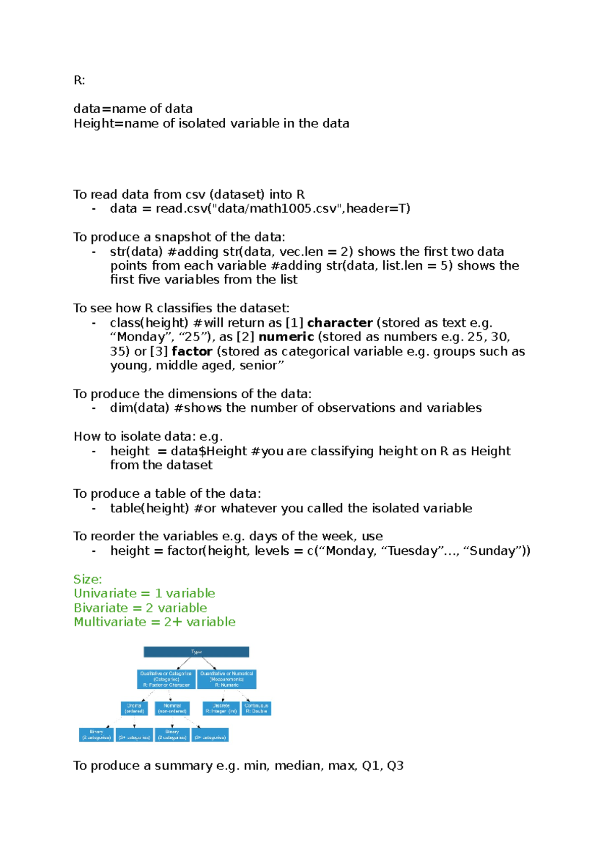 R studio notes practice - R: data=name of data Height=name of isolated ...
