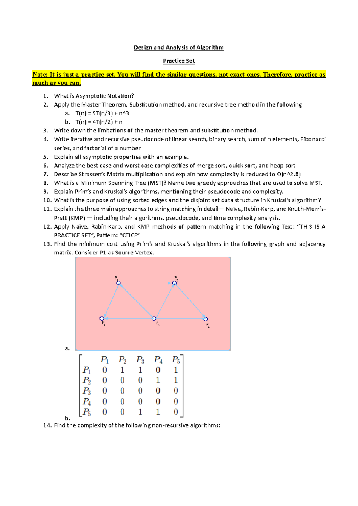 DAA MTE Practice Set: Algorithm Design & Analysis Questions - Studocu