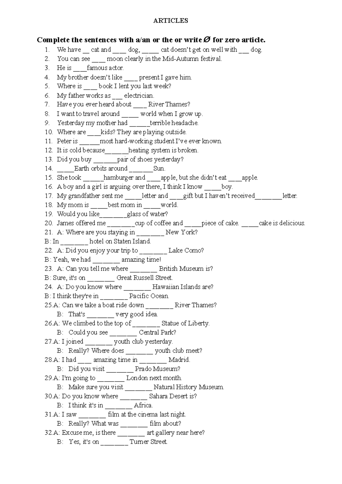 Articles Practice Exercise: Fill in the Blanks with Articles - Studocu