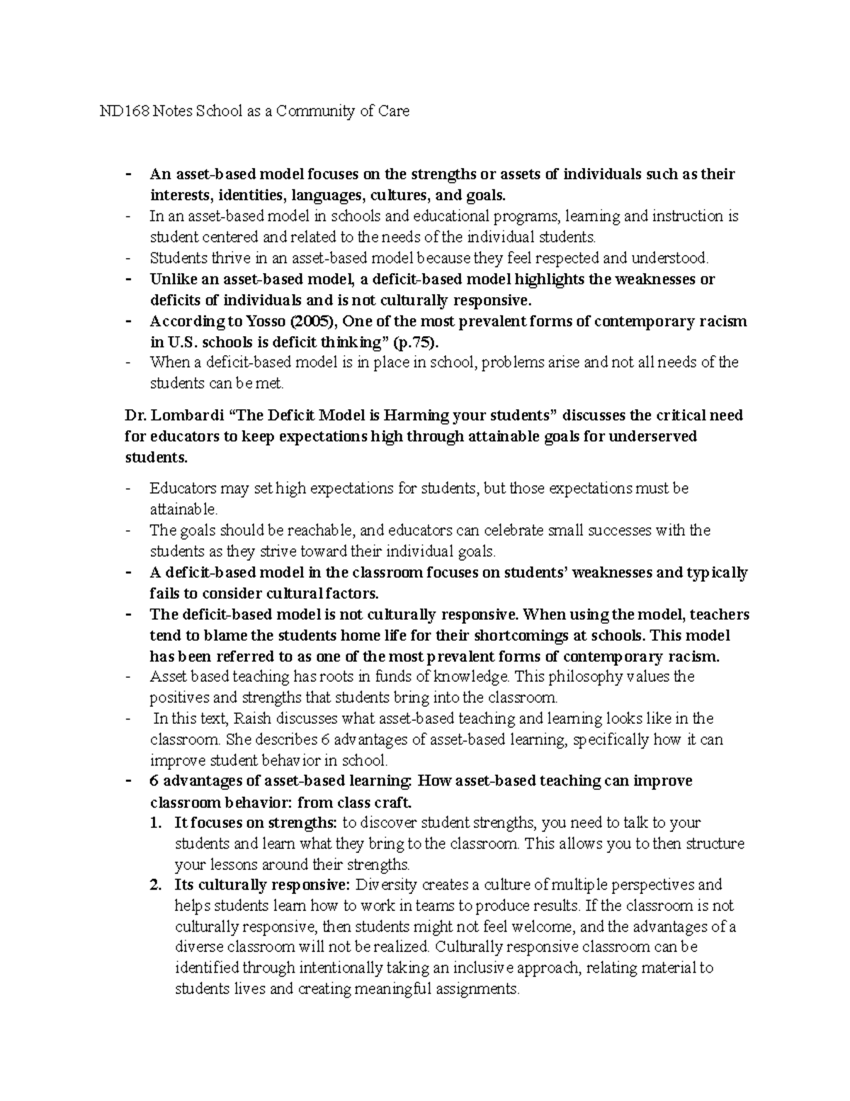 ND168 Final Exam Notes on Asset-Based vs. Deficit-Based Models in ...
