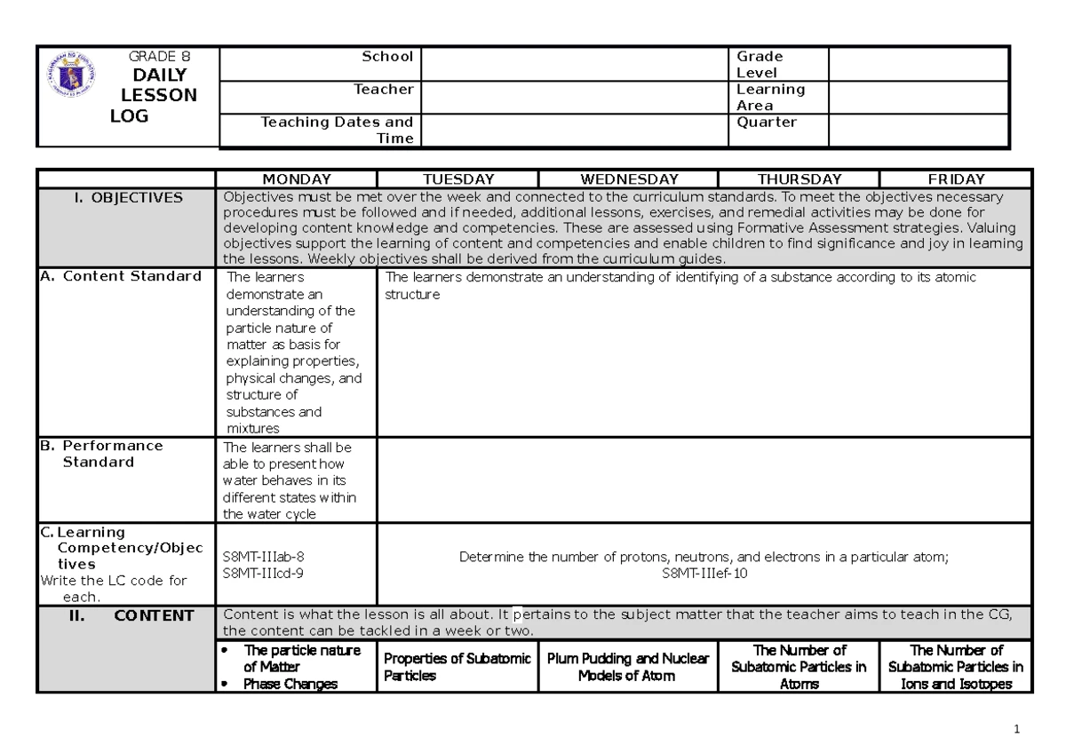 Weekly Learning PLAN Q1 W8 Science - Quarter 1 Grade Level 6 Week/Dat e ...