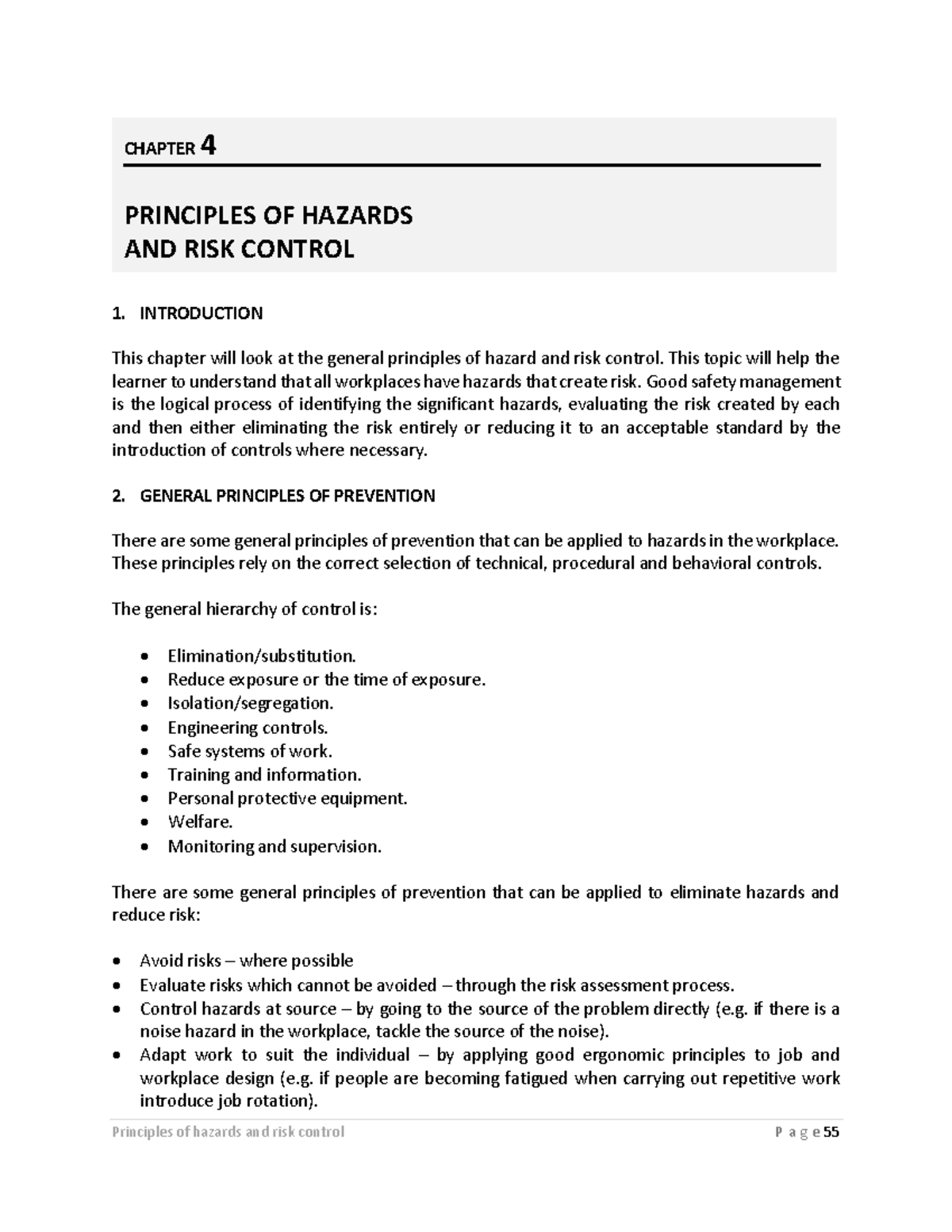 Chapter 4 - Key Principles in Hazard & Risk Control Strategies - Studocu
