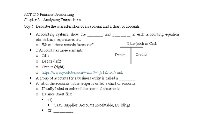 ACT 215 Financial Accounting Chapter 2 Notes on Analyzing Transactions ...