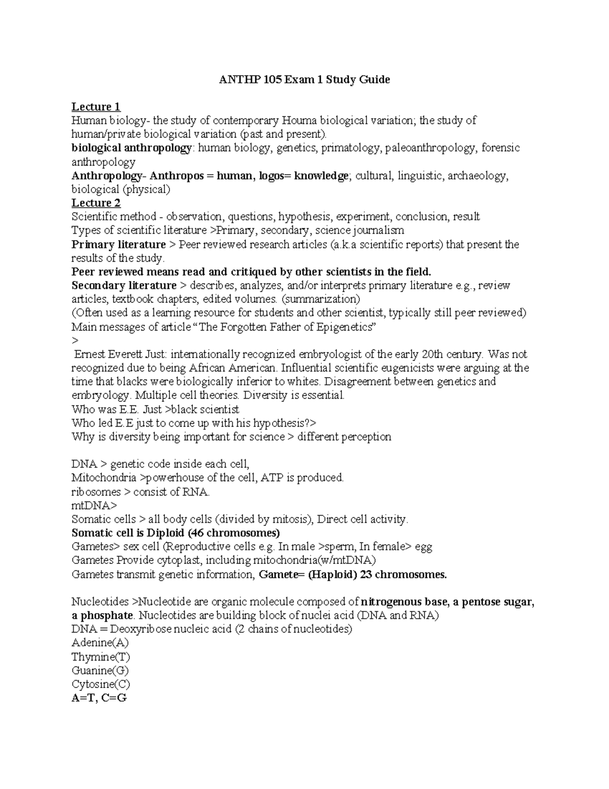 ANTHP 105 Exam 1 Comprehensive Study Guide for Biological Anthropology ...