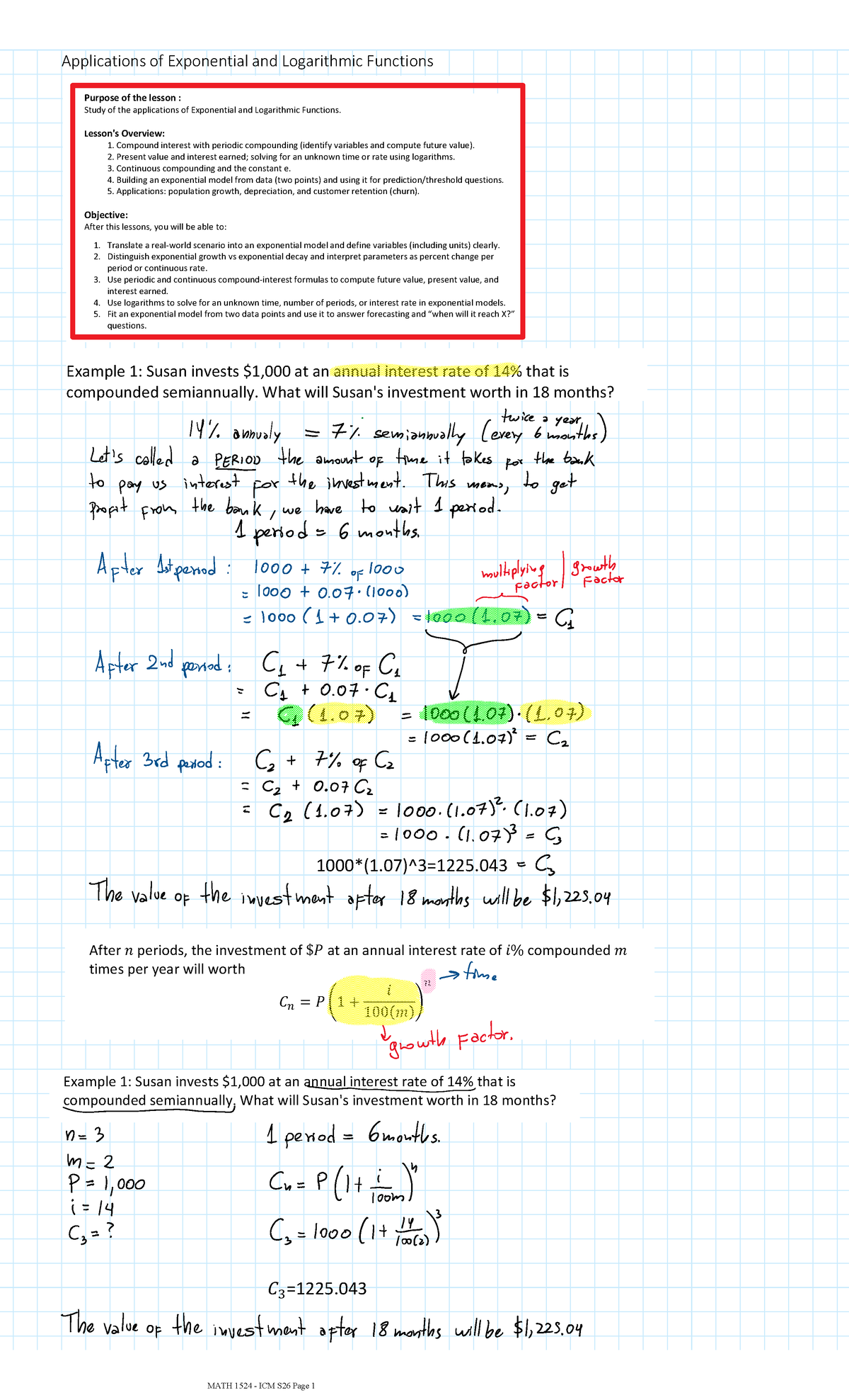 MATH 1524 - Applications of Exponential and Logarithmic Functions - Studocu