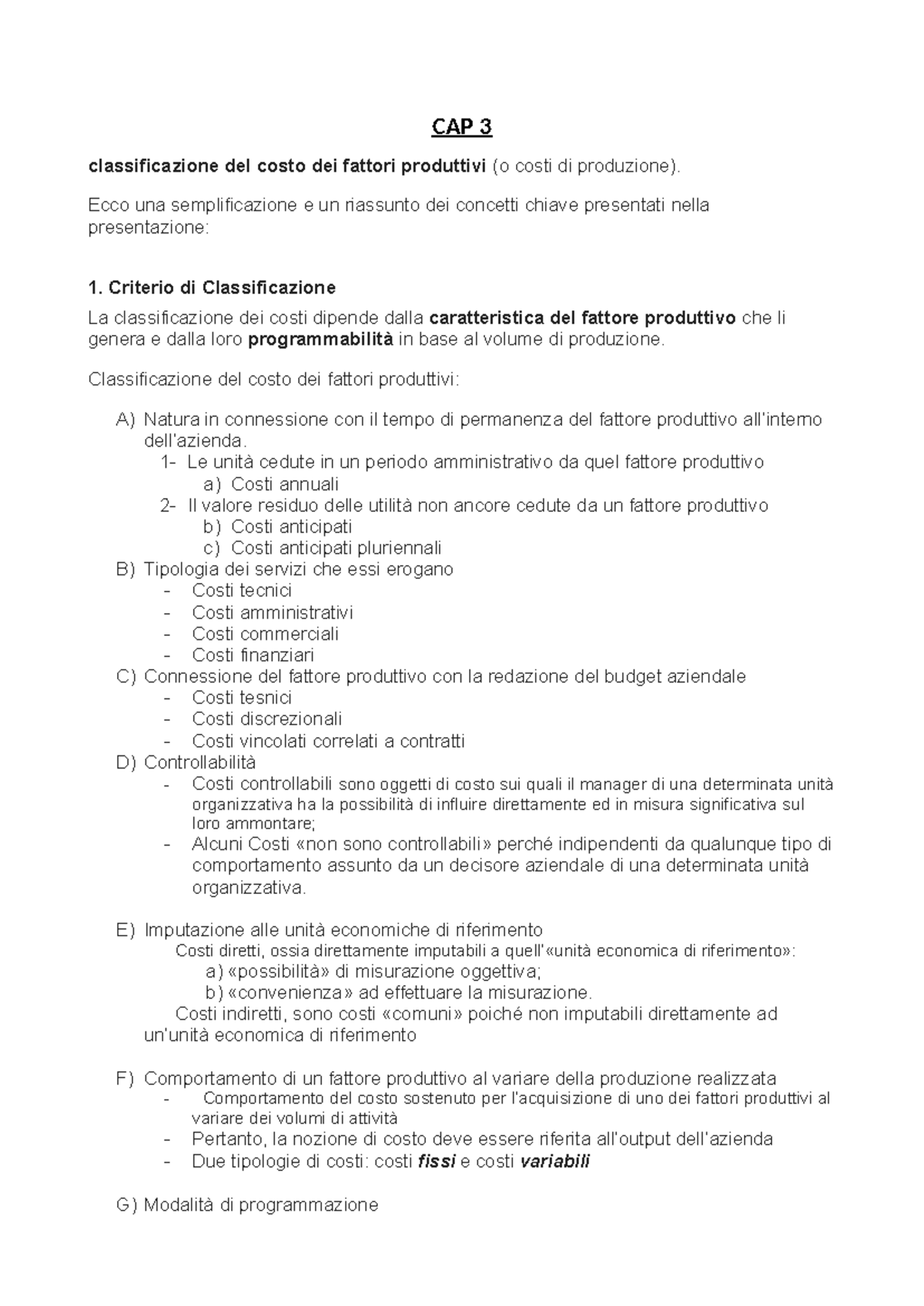 Cap 3 - Classificazione e Analisi dei Costi di Produzione - Studocu