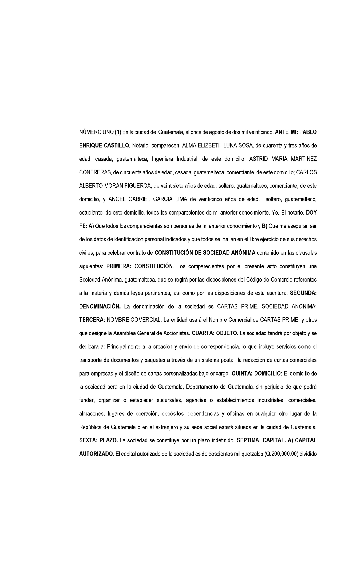 Escritura N° 01: Constitución de Sociedad Anónima en Guatemala - Document Preview