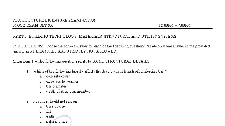ARCHITECTURE LICENSURE EXAM MOCK EXAM SET 3A PART 2 ANSWER KEY - Studocu