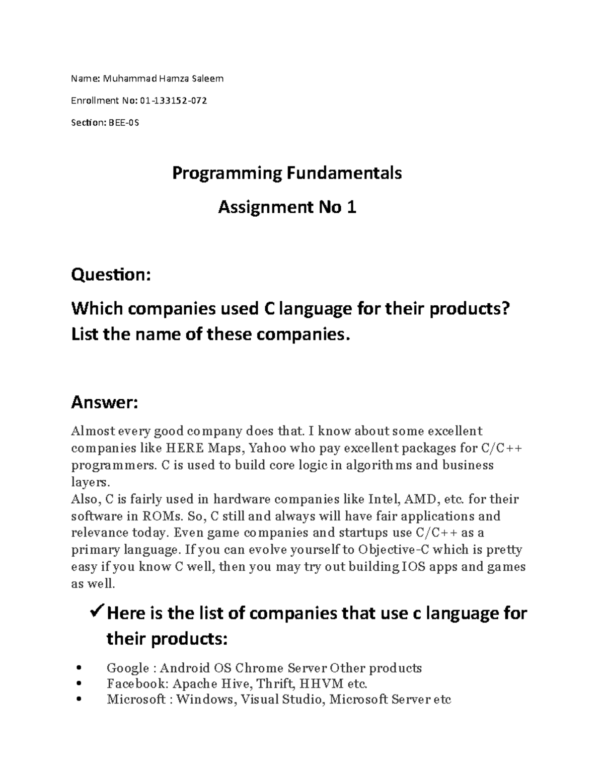 BEE-0S: Assignment 1 - Companies Utilizing C Language in Products - Studocu