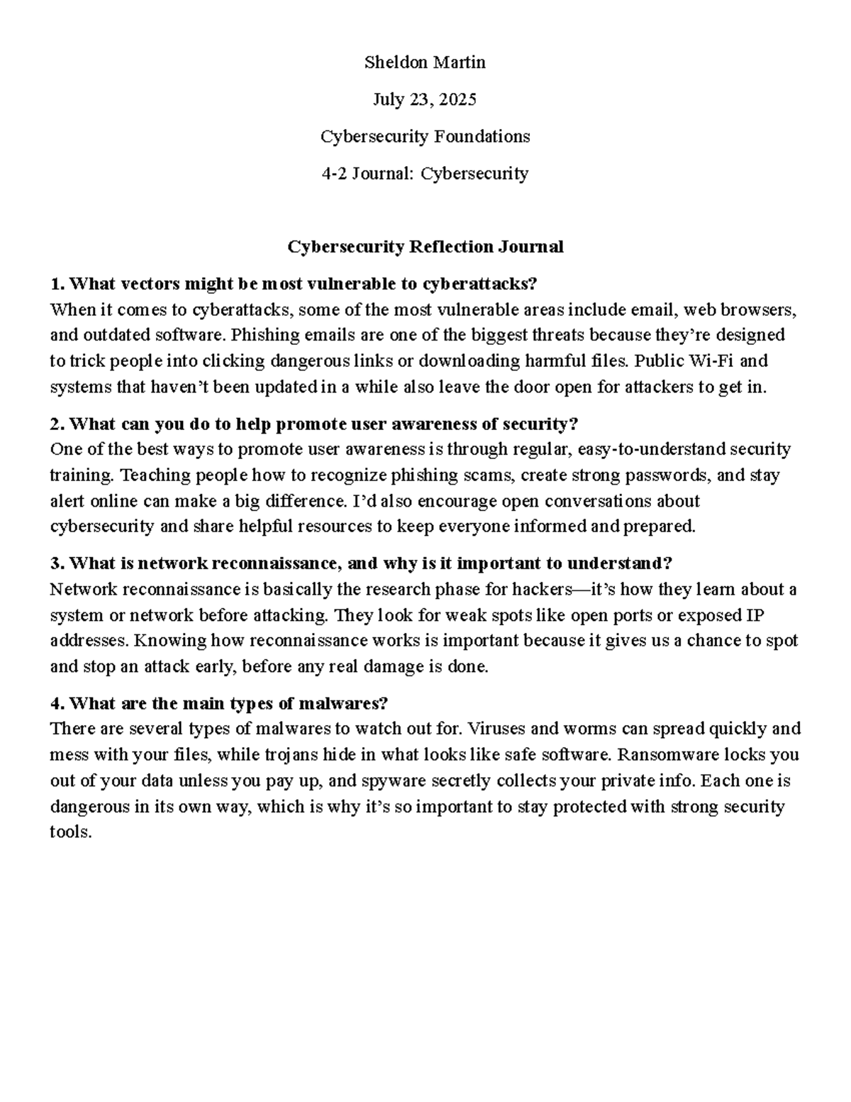 CYB-200 4-2 Journal: Cybersecurity Vulnerabilities & Awareness - Studocu