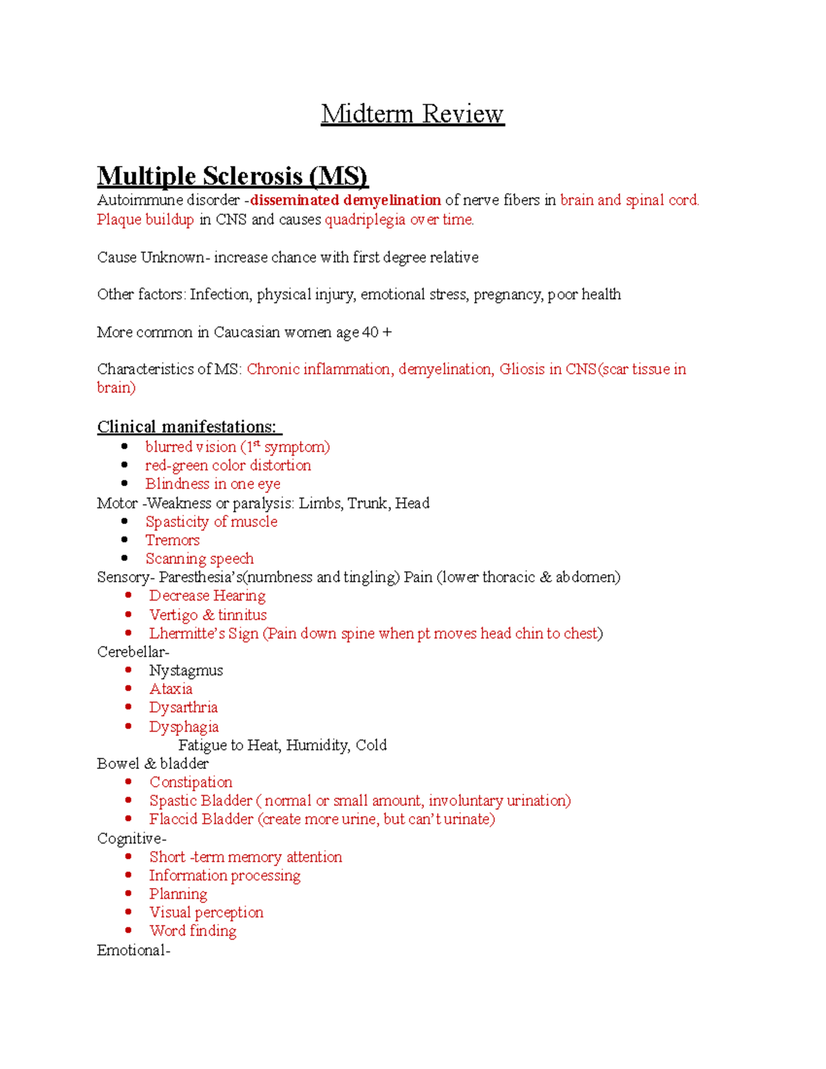 Midterm Review Notes on Neurological Disorders N201 - Studocu