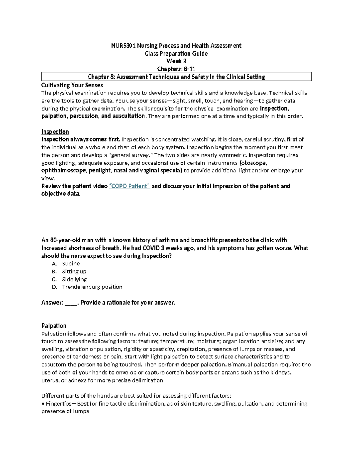 NURS301 Week 2 Prep Guide: Health Assessment Techniques & Safety - Studocu