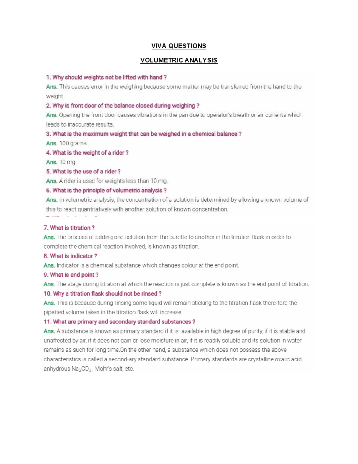 VIVA QUESTIONS ON VOLUMETRIC ANALYSIS (CHEM 101) - Studocu