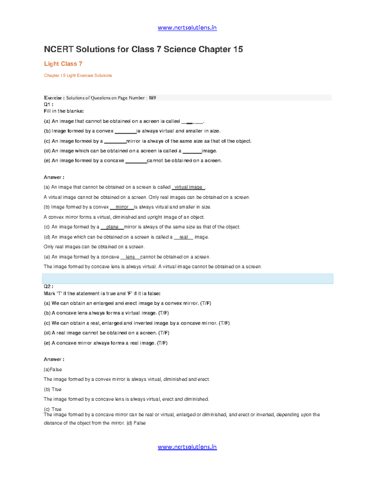 NCERT Solutions for Class 7 Science Chapter 15: Light Exercise - Studocu
