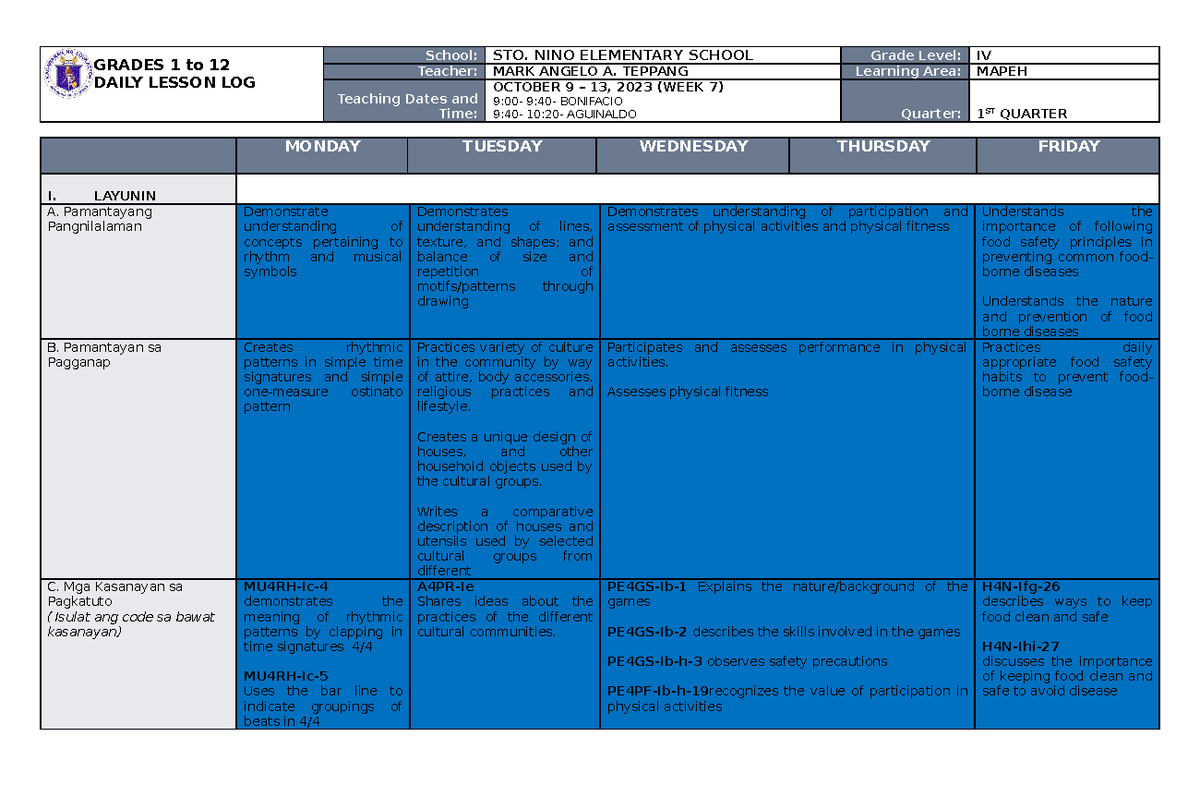 DLL Mapeh 4 Q1 W7 - DLL - GRADES 1 to 12 DAILY LESSON LOG School: STO ...