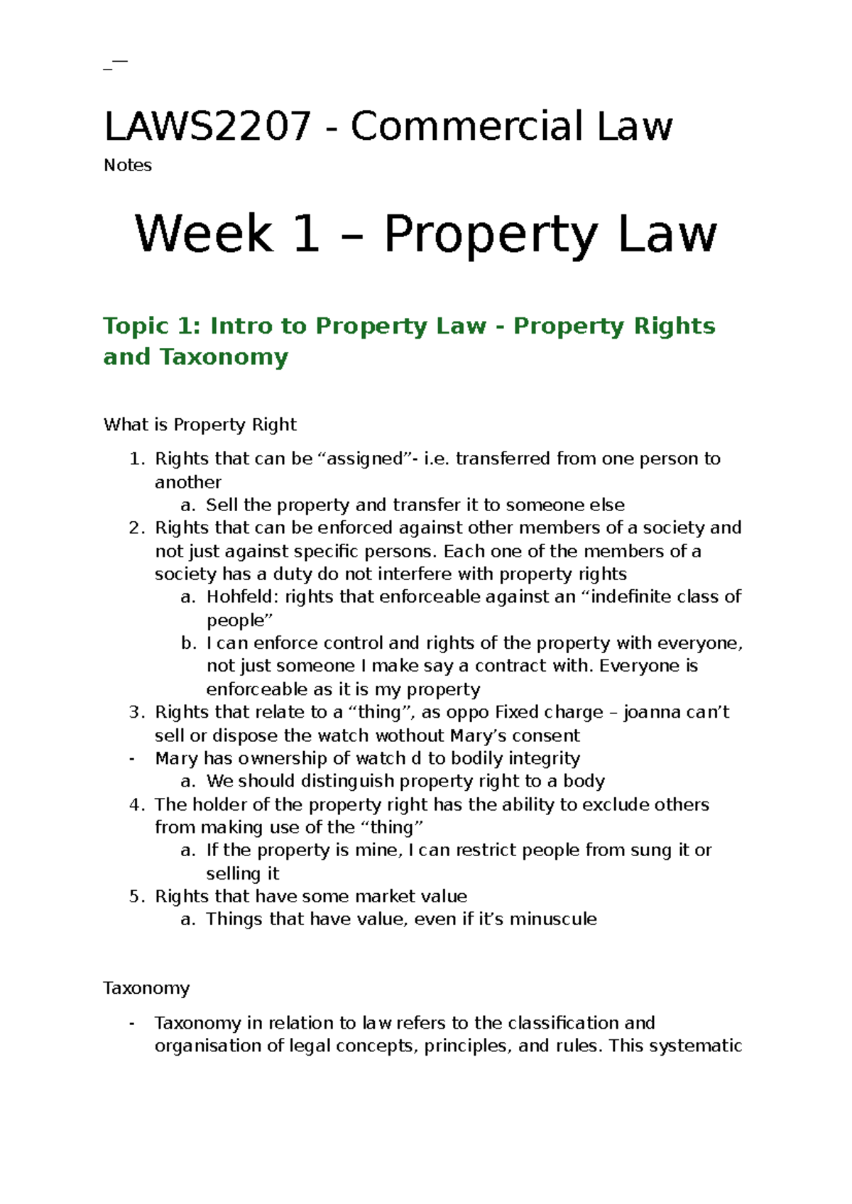 LAWS2207 - Commercial Law Lecture Notes: Property Law Overview - Studocu