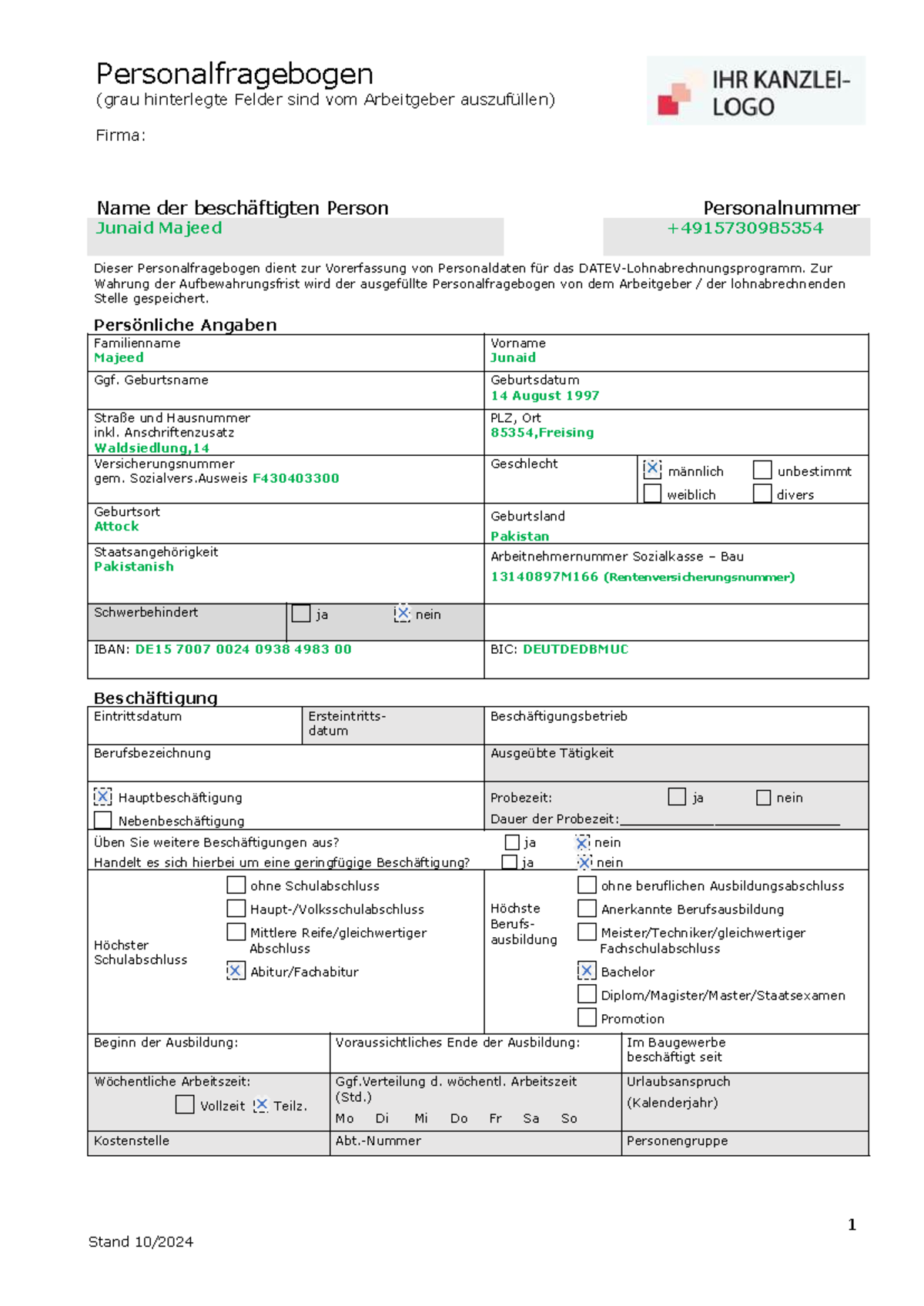 Personalfragebogen für Junaid Majeed - Personalnummer 13140897M166 ...