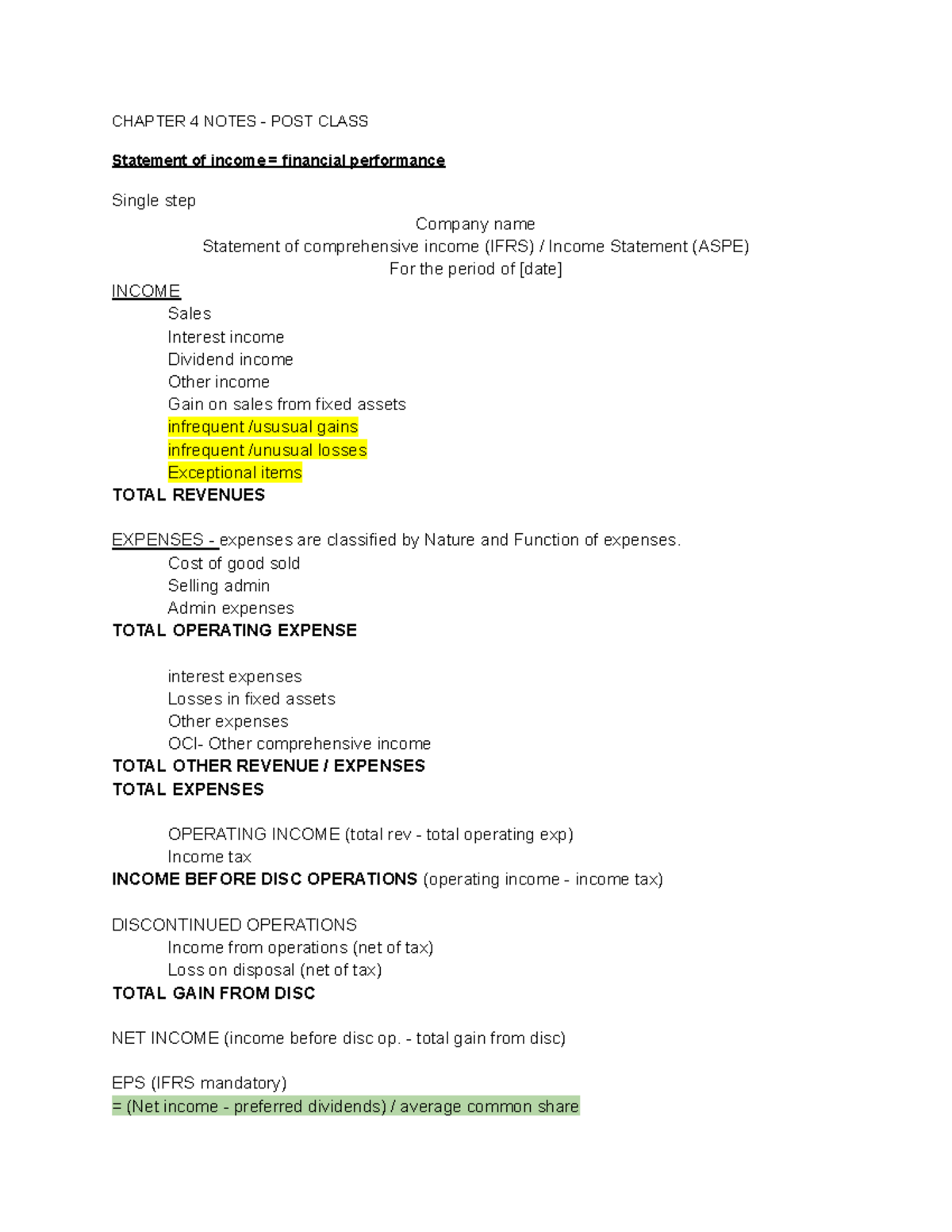 CHAPTER 4 NOTES: Income Statement & Financial Performance Analysis ...