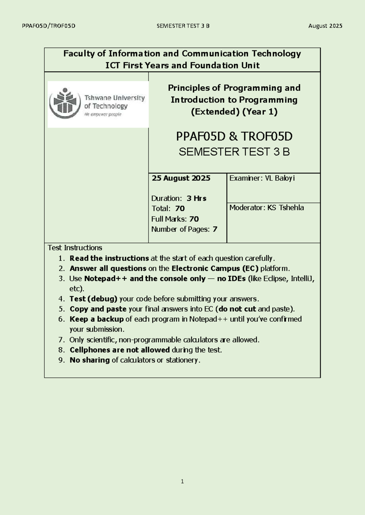 Semester Test 3 B: Principles of Programming PPAF05D TROF05D - Studocu