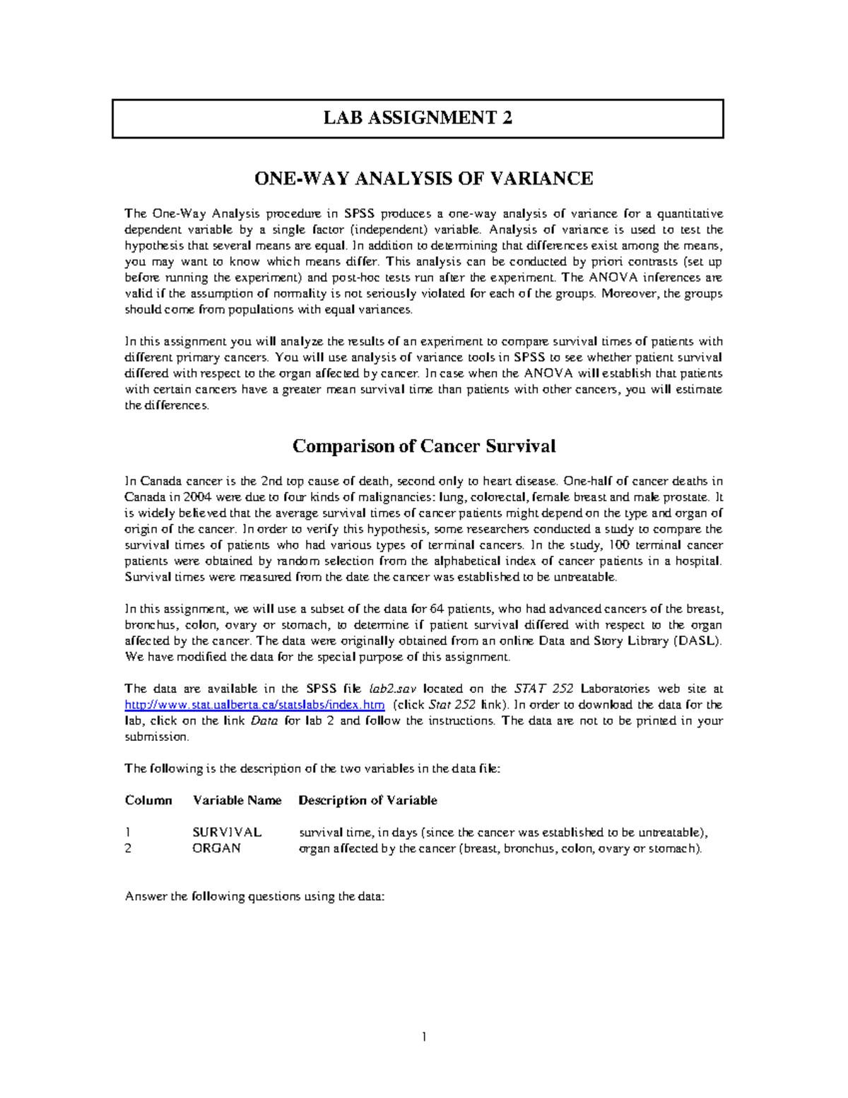 Asg2 - Stat 252 Lab Assignment on One-Way ANOVA for Cancer Survival ...