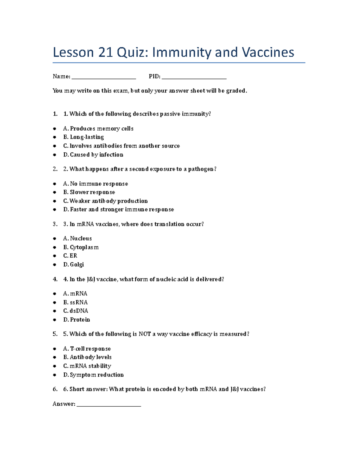 Lesson 21 Quiz: Immunity and Vaccines Practice for Exam 3 - Studocu